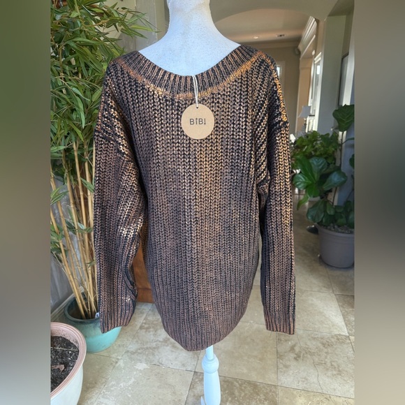 BIBI ladies, bronze  V-neck pullover, long sleeve OS sweater size medium, NWT - Picture 4 of 16